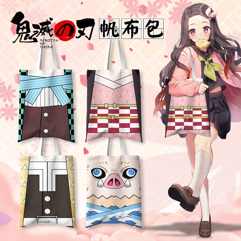 Anime Demon Killer stampa tela Tote Bag Cartoon Figure Nezuko Kocho Shinobu Tomioka Giyuu doppia stampa Shopping Bag