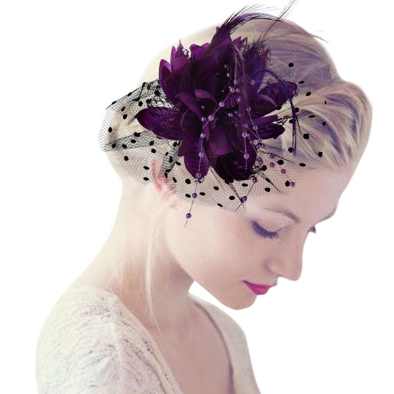 Chapéus de noiva Fascinador para mulheres, véu de malha, boné com penas, pérola e grampo de cabelo, broche para festa de chá