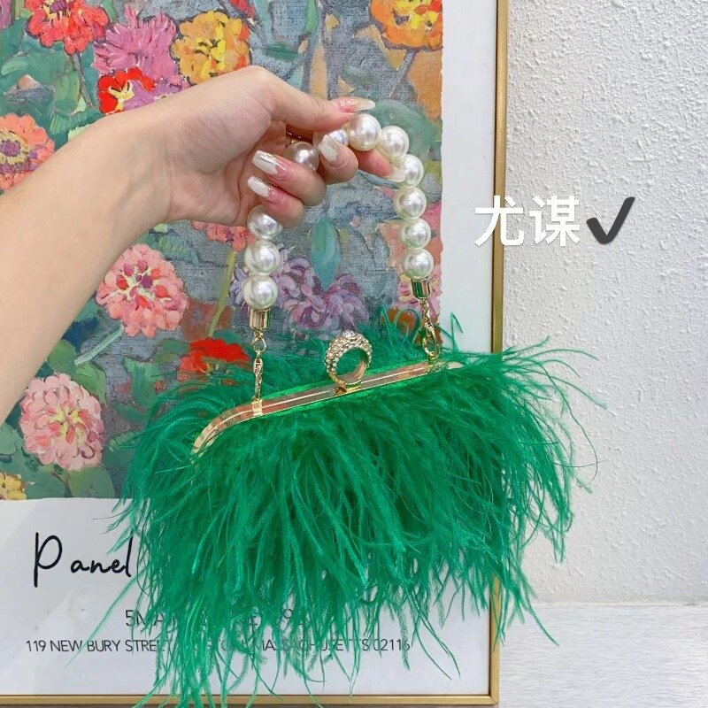 Women's handbag with tassels luxury ostrich hair handbag pearl crossbody bag Banquet bag