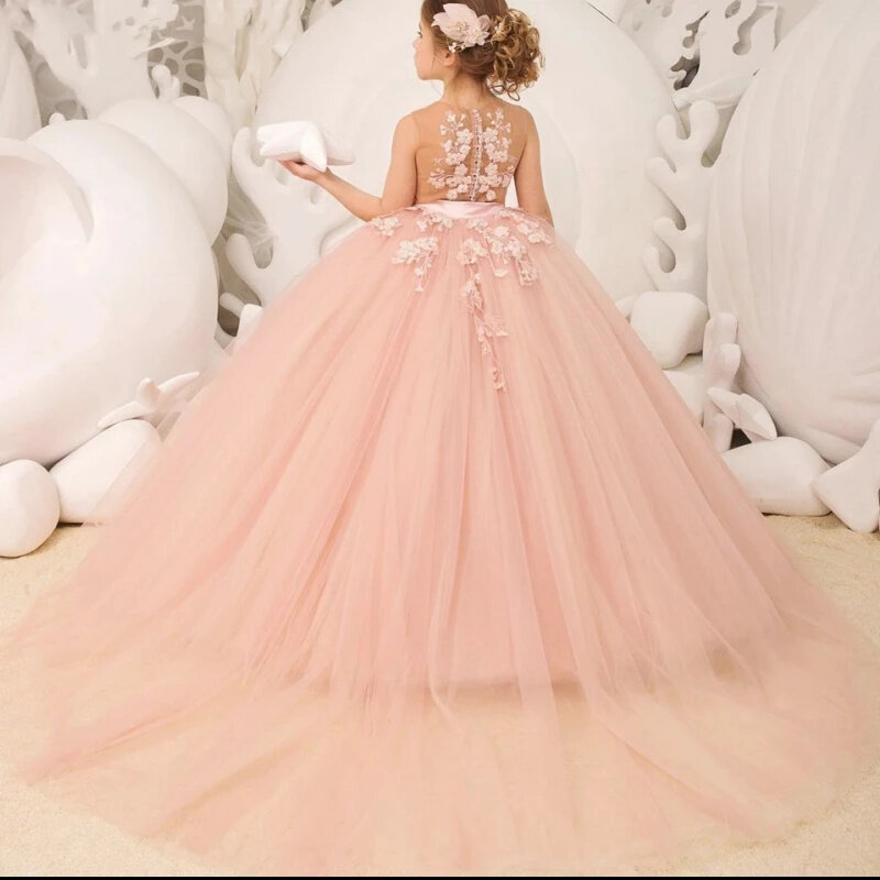 Платье для девочки с аппликацией из тюля, элегантное фатиновое платье принцессы для первого причастия, без рукавов, длиной до пола, розовое Цветочное платье на день рождения
