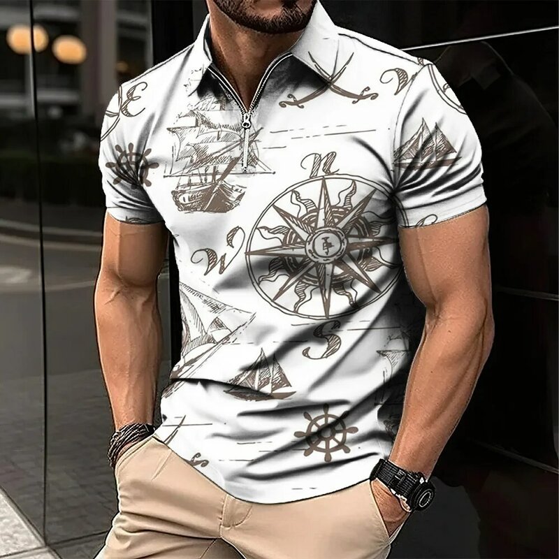 Camisa polo masculina de manga curta com zíper, estampada em padrões náuticos 3D, tops casuais, camiseta plus size, roupas de verão