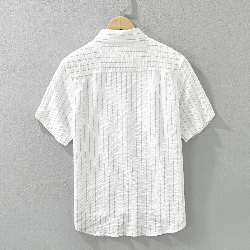 Textura Bolha 3D masculina macia e aconchegante camisa listra, moda verão, blusa de lapela manga curta, carta para adolescentes bordada tops chiques, 8076