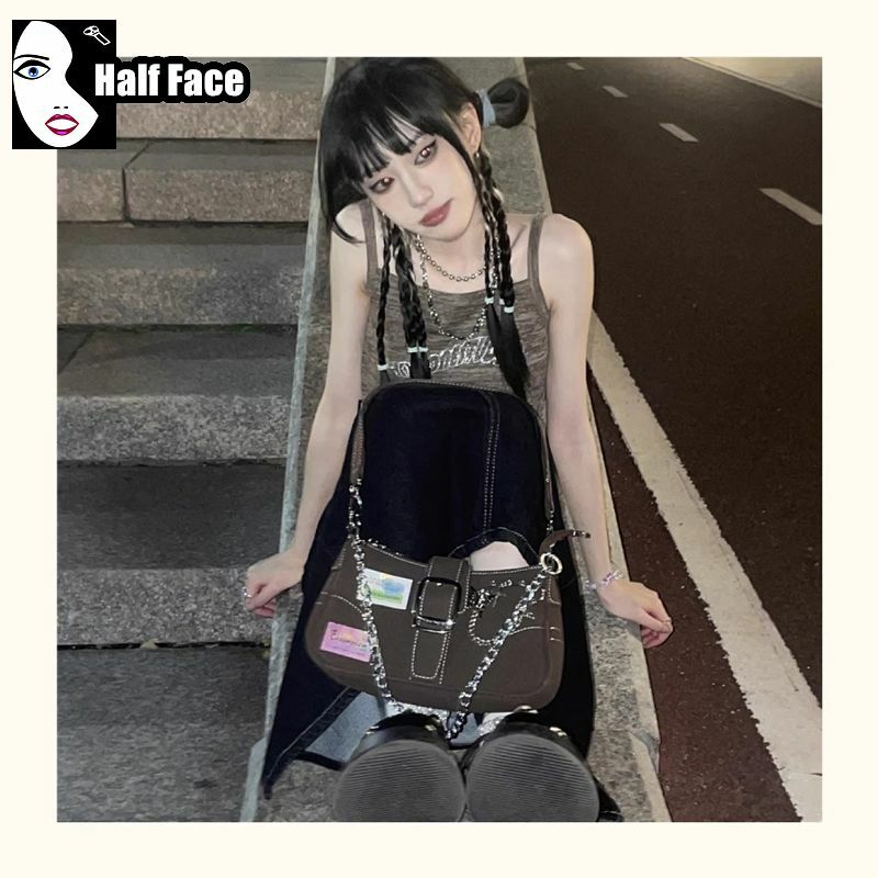 Y2K Spicy Girl Harajuku Women Gothic Brown Punk One Shoulder Advanced Design Underarm Lolita Chain Design Crossbody Bags Tote