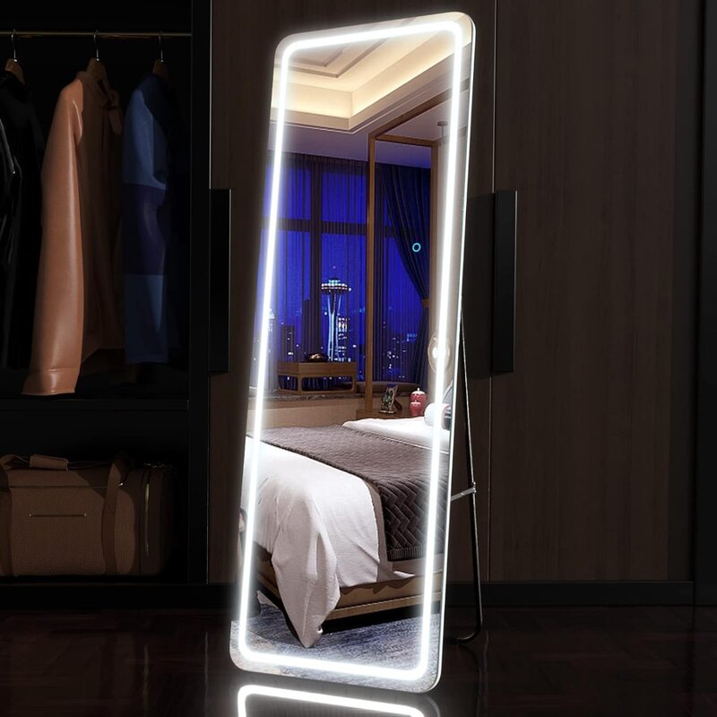 LVZory-مرآة بطول كامل مع أضواء ليد ، مرآة تعتيم أرضية ، مرآة قائمة بذاتها ، إضاءة 3 ألوان ، 63 × 20 بوصة