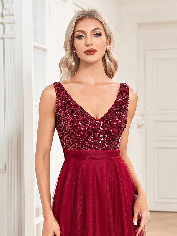 Lucyinlove-Vestido de noite formal feminino sem mangas com lantejoulas até o chão, vestido elegante para o baile, festa de casamento, coquetel, vermelho, 2024