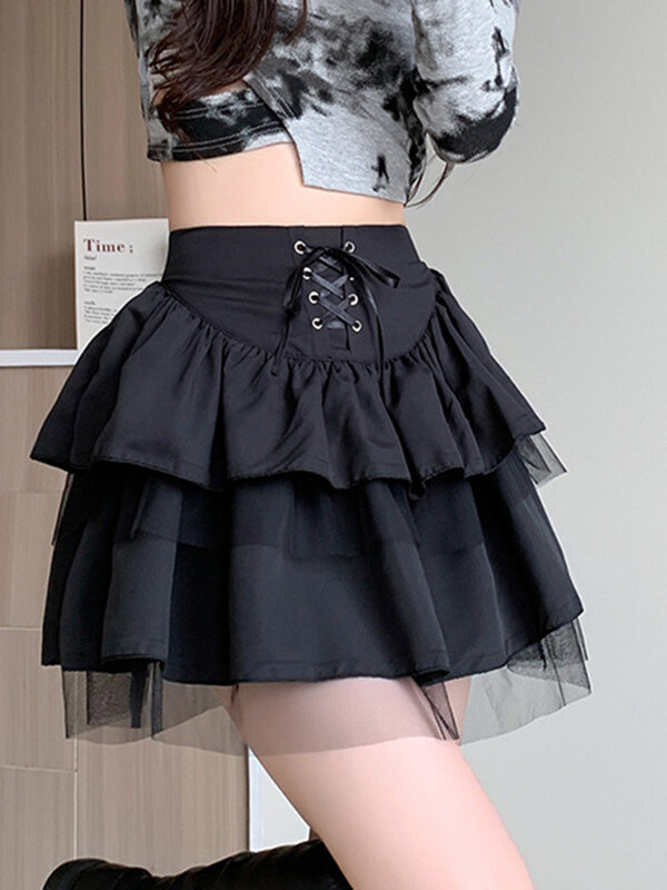 Desain baru musim panas rok seksi jaring-jaring pakaian klub Mini pakaian jalan pinggang tinggi hitam bawahan pendek model A-Line cantik