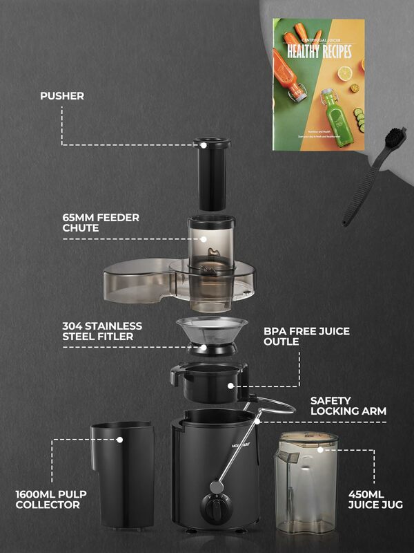 Juicer Fruit and Vegetables with 3-Speed Setting,400 W Motor Quick Juicing, Cleaning Brush and Juicing Recipe Included, Black