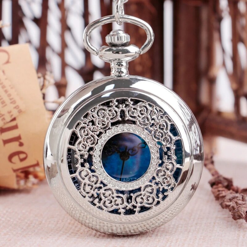 Reloj de bolsillo de cuarzo para hombres y mujeres, reloj de estrella azul, reloj de bolsillo de cuarzo, cadena antigua