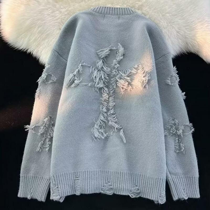 Maglione tinta unita maglione Streetwear Hop da uomo alla moda Pullover allentato lavorato a maglia strappato con calore morbido elastico per l'autunno/inverno