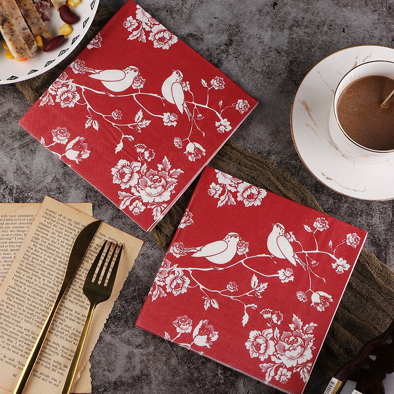 Servilleta de papel impresa de estilo chino rojo, servilleta de pulpa de madera pura, 2 capas, 33cm, grado alimenticio, 20 piezas/pac