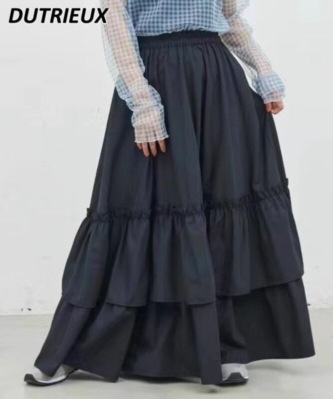 Japanese Style Special-Interest Design Elastic Waist Long Skirt Layered Wooden Ear Gentle Sweet Pleated Cake Maxi Skirts