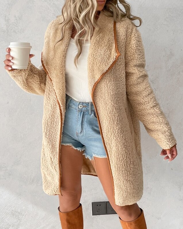 Moda donna autunno inverno 2023 Contrast Binding Pocket Design manica lunga cardigan lungo Teddy Coat cappotto oversize Casual