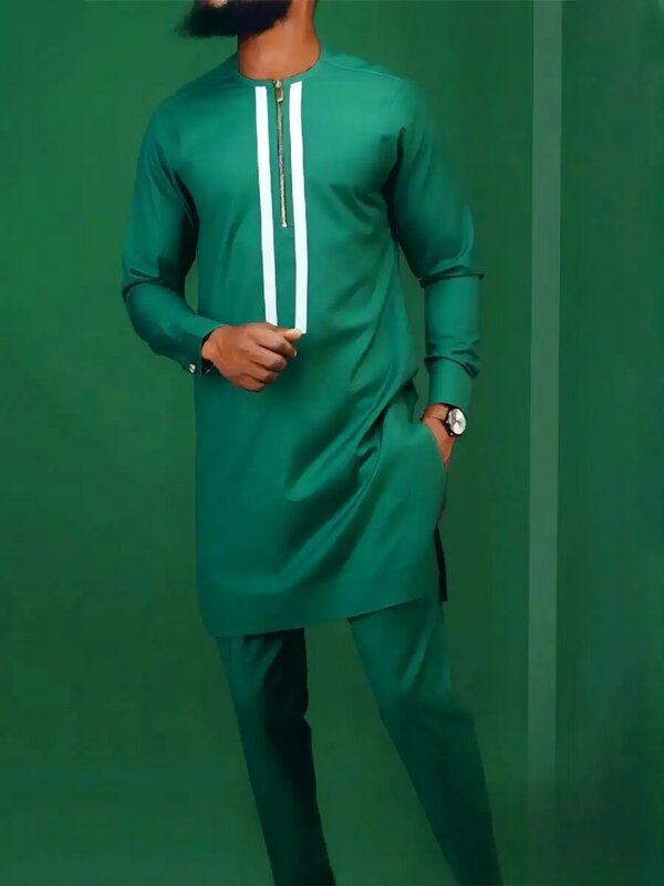 Camisa de manga larga para hombre, traje informal de dos piezas, estilo étnico de Oriente Medio, Moda Verde para banquete, Dashiki, Vêtements Hommes Clot