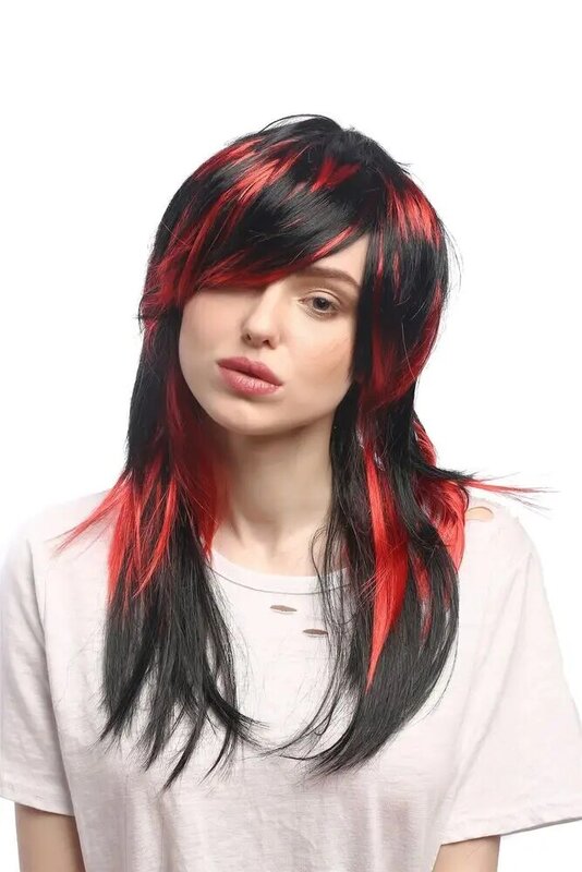 Wig Halloween wanita, rambut palsu hitam merah bergaris-garis panjang halus