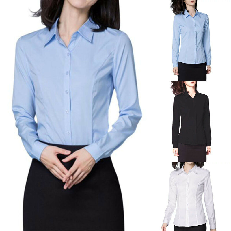 Camisa de manga larga para mujer, blusa ajustada de negocios, versátil, con solapa y botones, color sólido, talla grande, a la moda