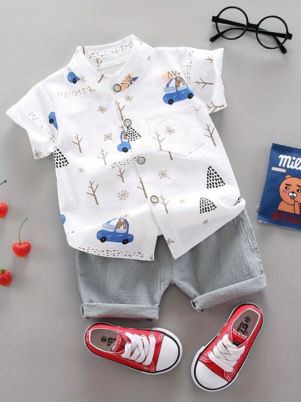 Shorts de manga curta para bebê e criança, camisa de gola em pé, impressão completa urso dirigindo padrão, moda ao ar livre, 2 pcs, verão