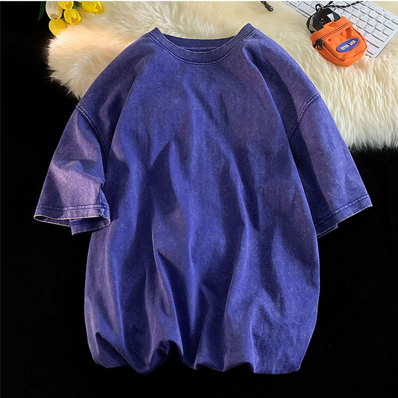 Camiseta masculina de algodão lavada com ácido, 100% penteado, camiseta vintage, blusa casual, roupas masculinas, Y2K, unissex