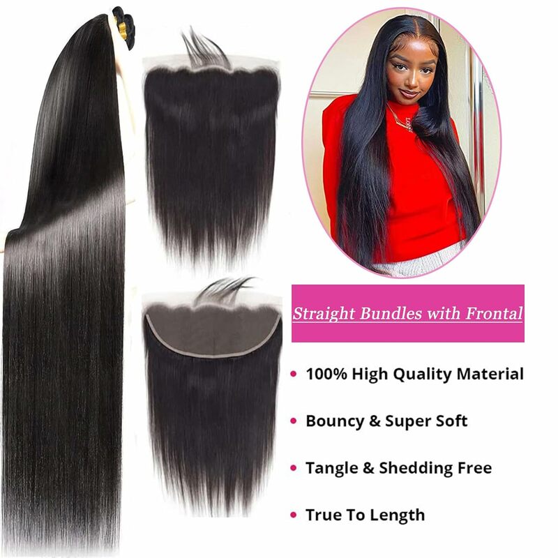 Natural Straight Human Hair Bundles with Lace Frontal Brazilian Virgin Human Hair 3 Bundles with 13x4 Ear to Ear HD Lace Frontal