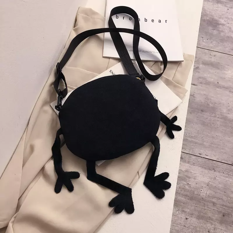 Korean Designer Funny Small Canvas Bags New Fashion Kids Girls Black Round Shoulder Bags Cross Body Bags Storege Pouches