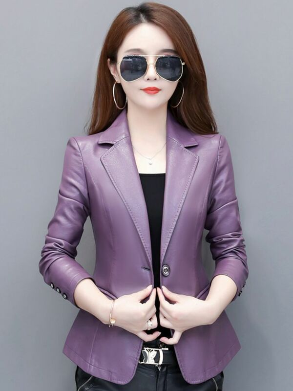 New Women Leather Blazer Spring Autumn Fashion Classic Suit Collar Slim Waist Small Sheepskin Jacket Split Leather Short Coat