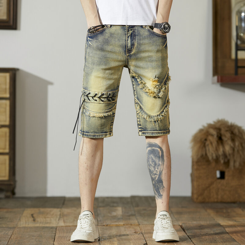Summer Personalized Ripped Denim Shorts Men's Stitching Rope Design Motorcycle Pants Slim Stretch Retro Distressed Shorts