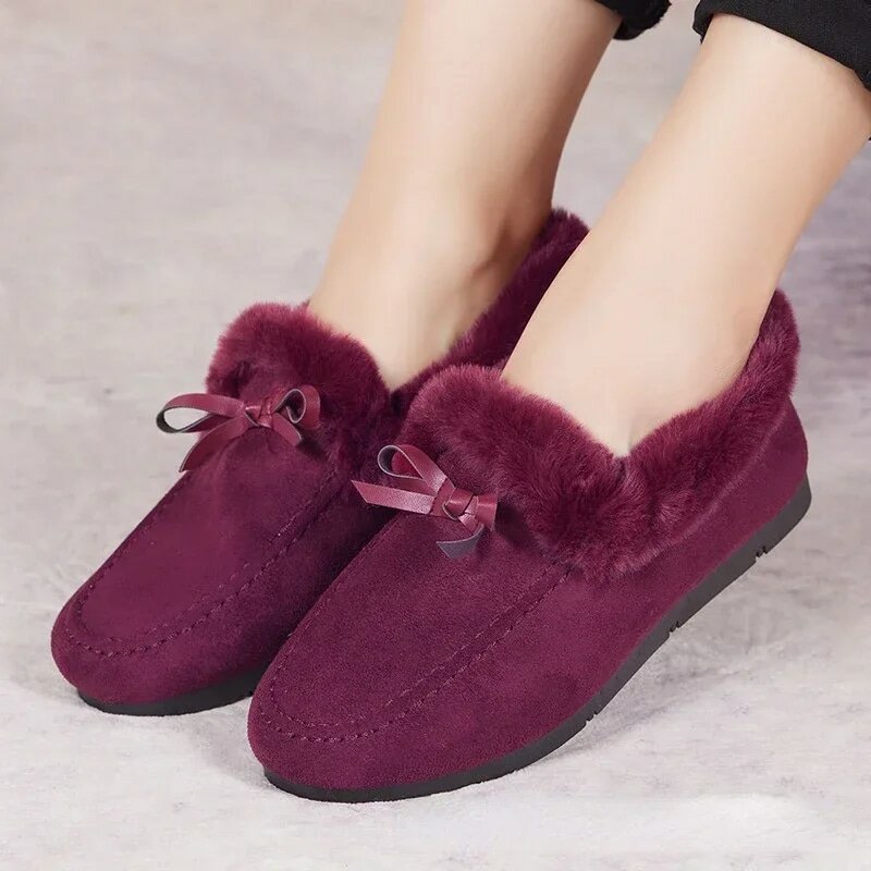 Women Winter Casual Shoes New Moccasins Soft Flat Non-slip Loafers Fashion Comfort Warm Plush Bow Slip on Female Cotton Shoes