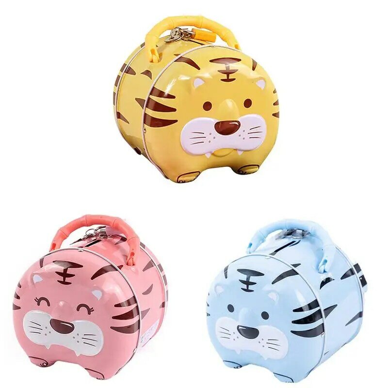 Cute Tiger Design Money Banking Toy Early Educational Tinplate Unbreakable Coin Box With Lock Toy Birthday Gift For Kids