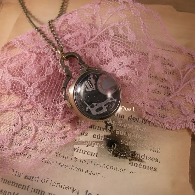 Przezroczysty zegarek kieszonkowy z kryształową kulą, rzymski cyfrowy, wydrążona rzeźba, kreatywny naszyjnik, bogini z akcesoriami