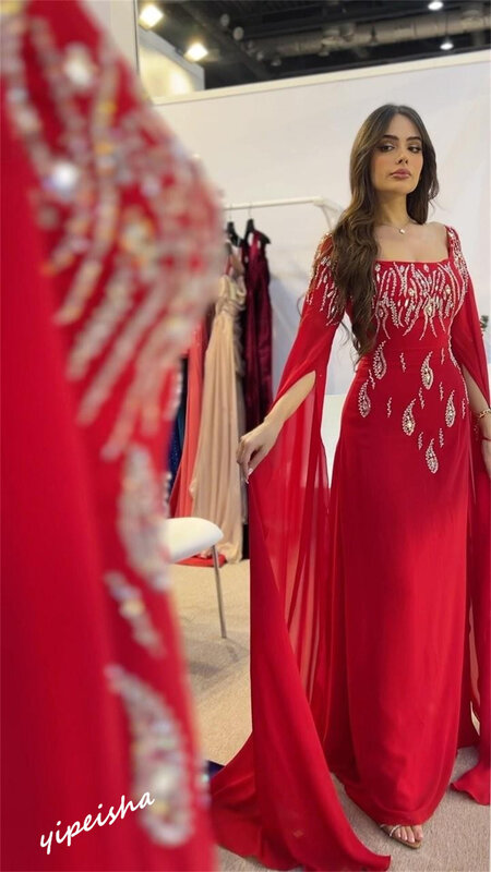 Yipeisha 스파클 스퀘어 A 라인 바닥 길이 Es 라인석, 세로 쉬폰 맞춤형 드레스, 사우디 아라비아