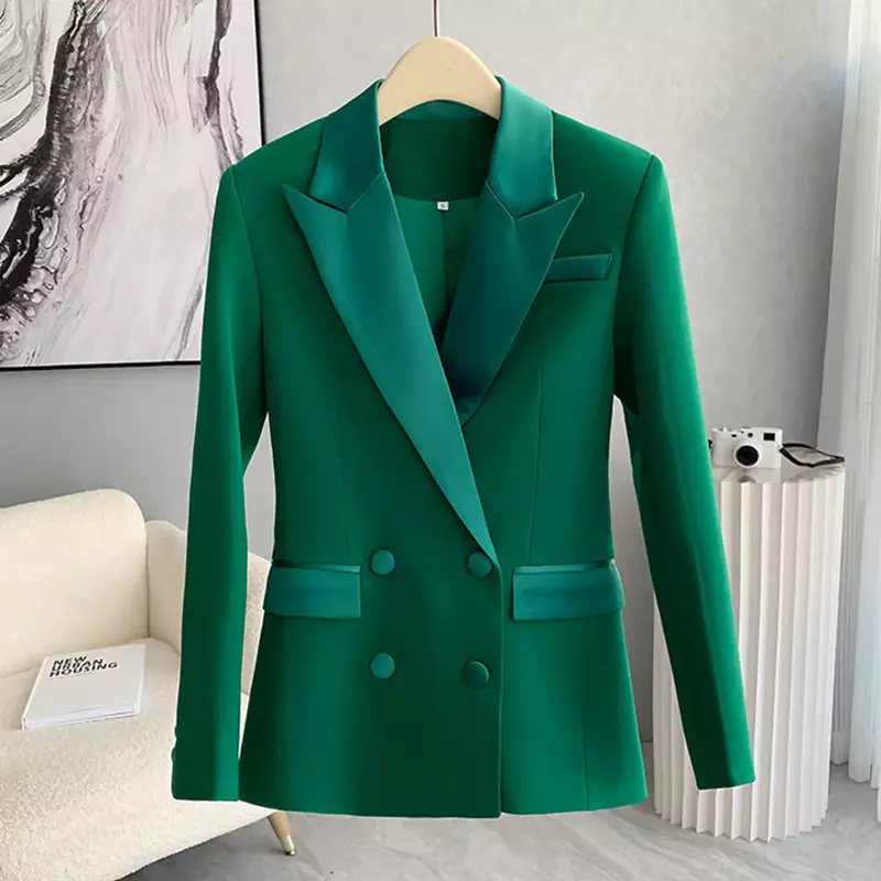 Setelan pakaian wanita hijau 2 buah, Blazer + celana jaket katun wanita musim semi Kantor, pakaian kerja wanita mantel, gaun Prom kancing sebaris