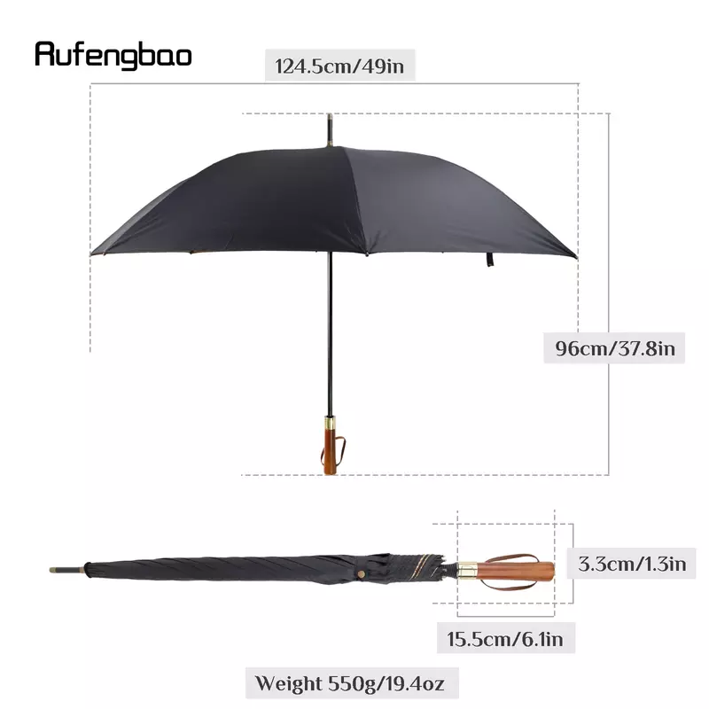 Payung hitam otomatis tahan angin, pegangan kayu 8 tulang pegangan panjang pembesar untuk hari cerah dan hujan 96cm