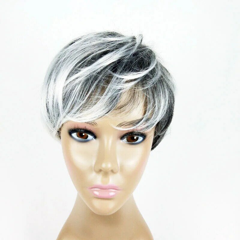 New Wig Fashionable Short Straight Hair Black and White Dyed Mixed Color Synthetic Fiber Short Hair Wig for Women