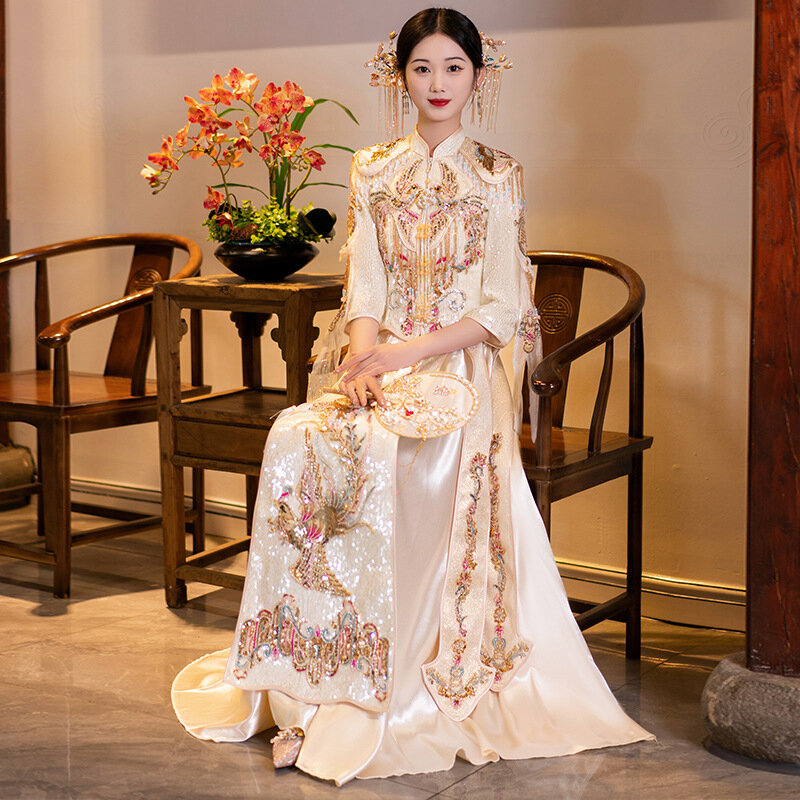Vestido de casamento com lantejoulas sparkly, perolização, borlas, champanhe, cheongsam, estilo chinês, para o casamento