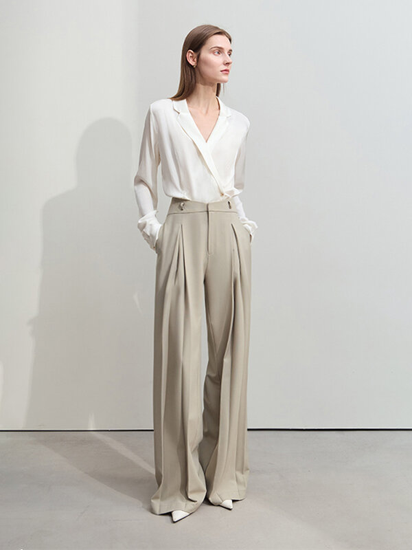 Amii-Pantalon large plissé à lacets minimalisme pour femme, pantalon paresseux monochrome, drapé, bouton Piedmont, printemps, nouveau, 2024, 12451067
