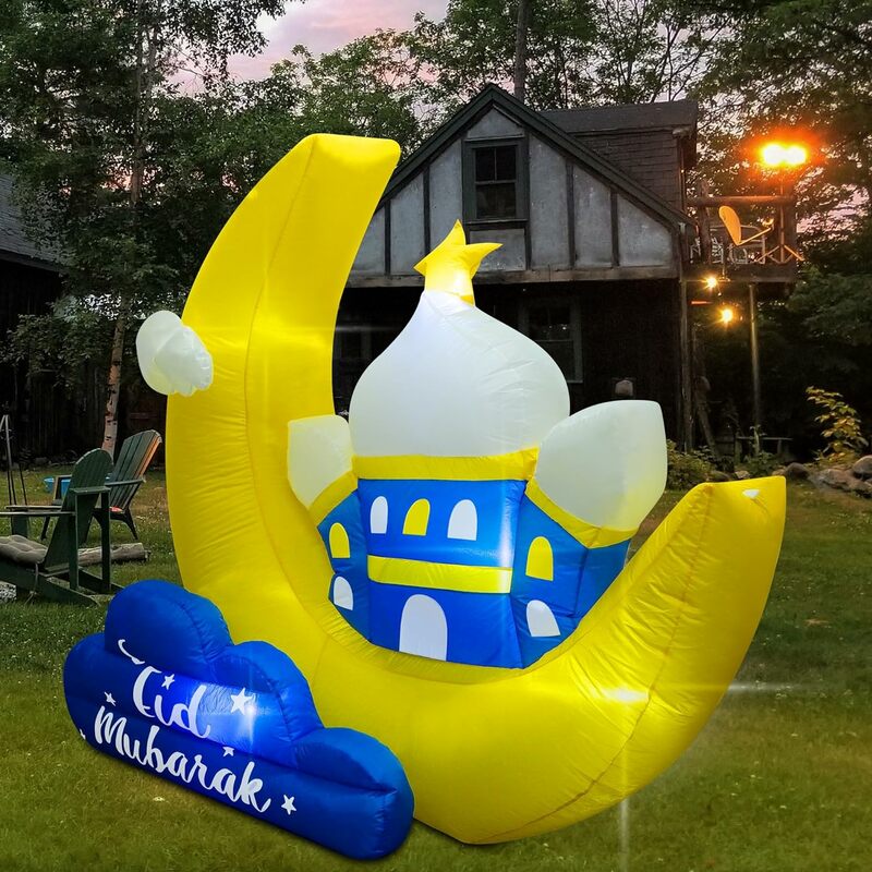 Ramadan Outdoor Inflatable Moon Decorations,7x6 FT Lighted Blow Up Muslim Holy Celebration Decor,Eid Mubarak Inflatables