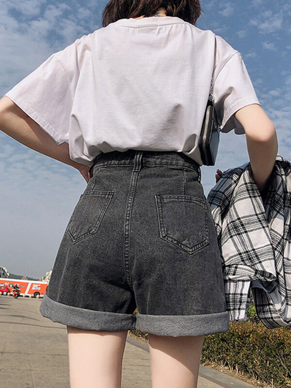 Ftlzz-novo shorts feminino de cintura alta com botão, perna, jeans, casual, solto, azul, verão
