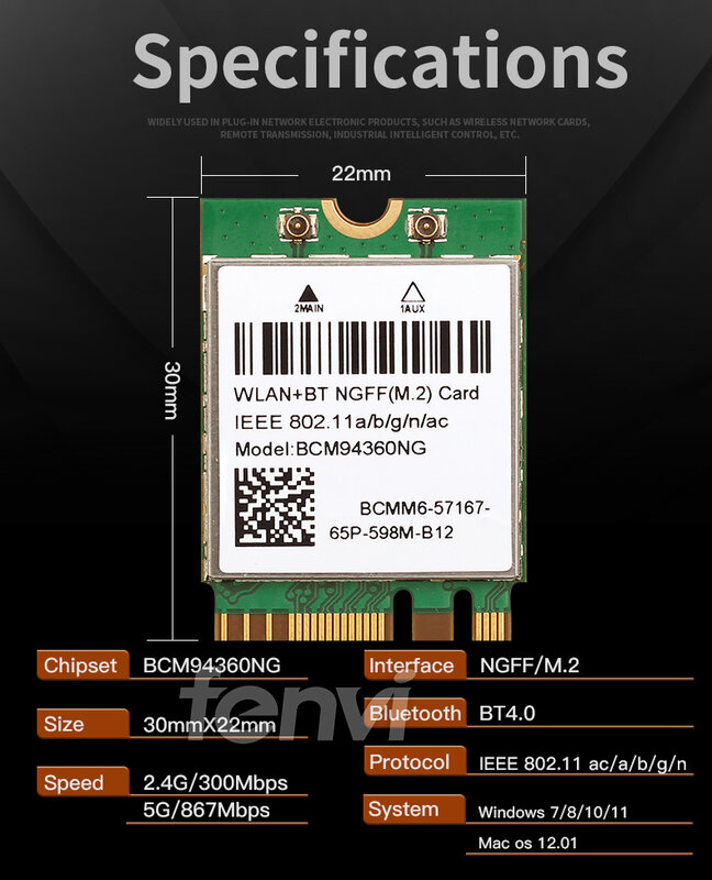 1200Mbps BCM94360NG M.2 Wifi 카드 MacOS Hackintosh Bluetooth 4.0 듀얼 밴드 802.11ac 무선 데스크탑 키트 안테나 네트워크 카드