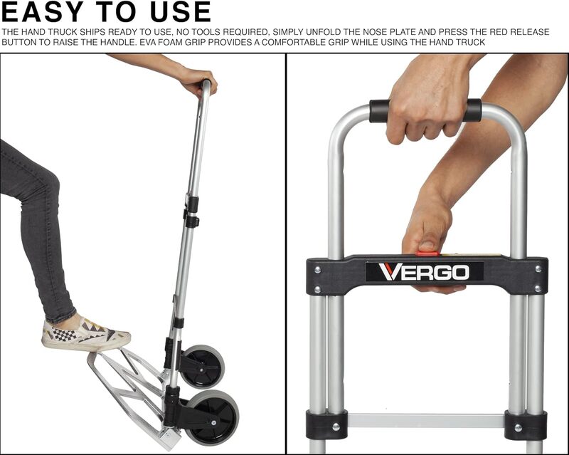 Vergo Industrial Folding Hand Truck - 275 lb. Capacity Dolly Cart - No Assembly Required Hand Cart, Lightweight, Collapsible