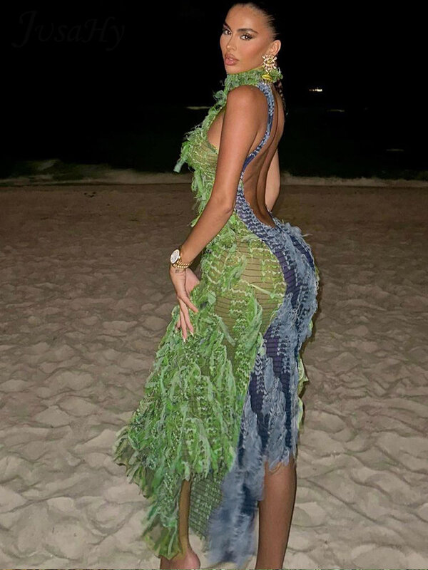 JusaHy-Vestido largo con espalda descubierta para mujer, traje elegante de retales con cuello Halter, color verde, con cordones, estilo años 2000, elegante, para vacaciones, 2023