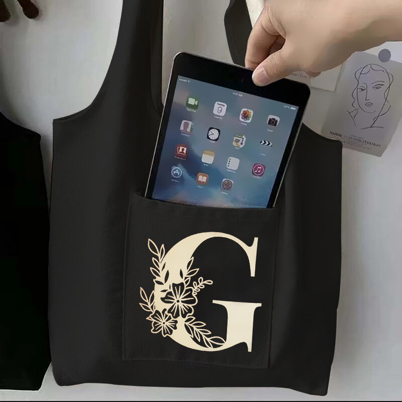 Złota litera prosty nadruk na zakupy czarne torby płócienna Tote torba drukowane kreskówki ściereczka wielokrotnego użytku torba torebka na ramię torby
