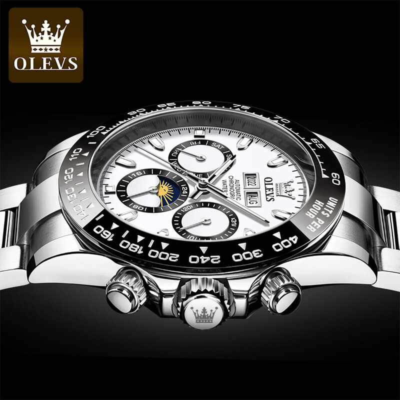 OLEVS นาฬิกาผู้ชายแบบคลาสสิกของแท้หน้าปัดสามตากันน้ำได้อัตโนมัติสายสแตนเลสนาฬิกากลไกเรืองแสง