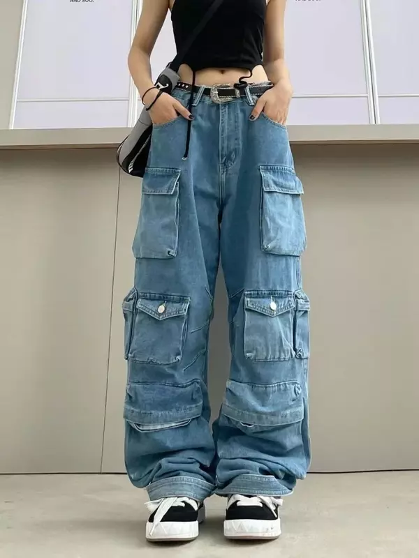 Główna ulica Cargo spodnie multi-pocket niebieskie sprane dżinsy kobieta wysokiej talii dżinsy Retro para Harajuku proste spodnie na co dzień szerokie nogawki