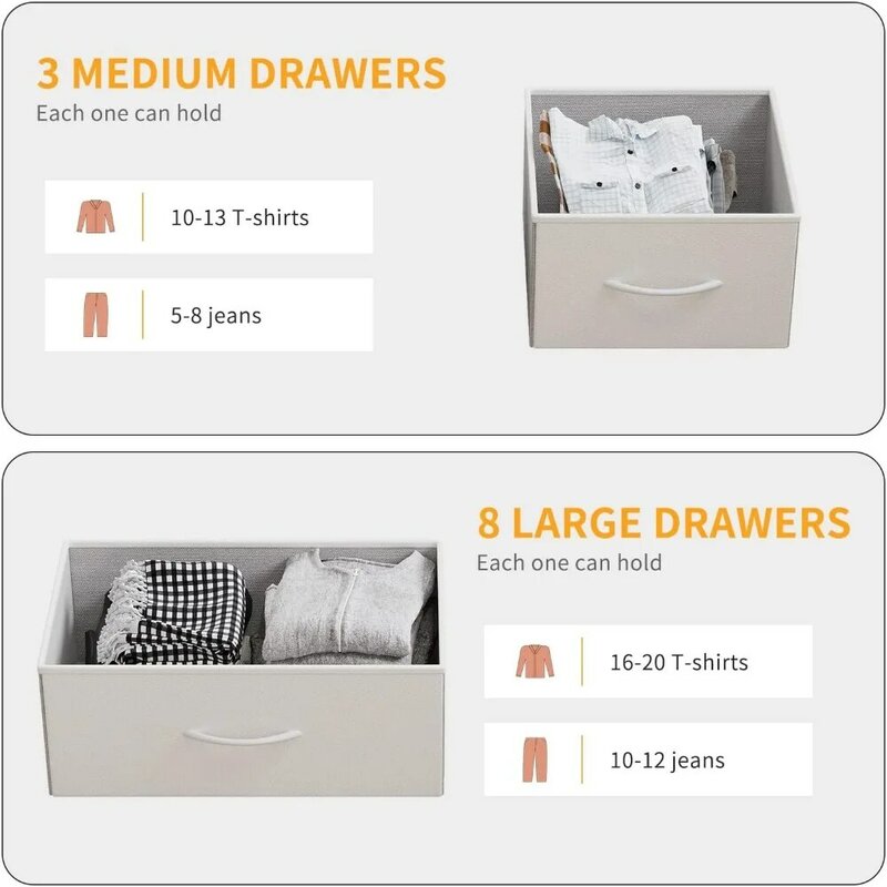 LIVEHOM Dresser for Bedroom with 11 Drawer, Dressers & Chests of Drawers with Side Pockets, Hooks, Fabric Storage Drawer, Steel
