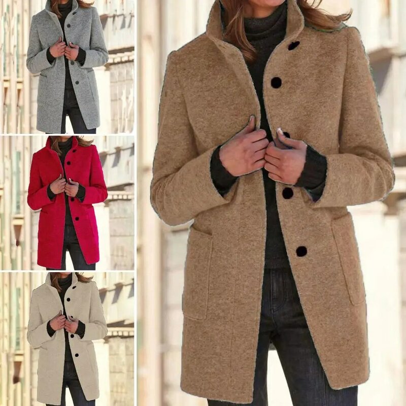 Jaket termal wanita bergaya, mantel musim dingin kerah berdiri, pelindung leher tahan angin hangat dengan pelindung jatuh