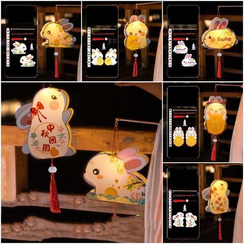 Festival Pertengahan Musim Gugur Jade kelinci lentera DIY lampu cahaya bentuk kelinci menyala kelinci lentera gaya kuno Cina