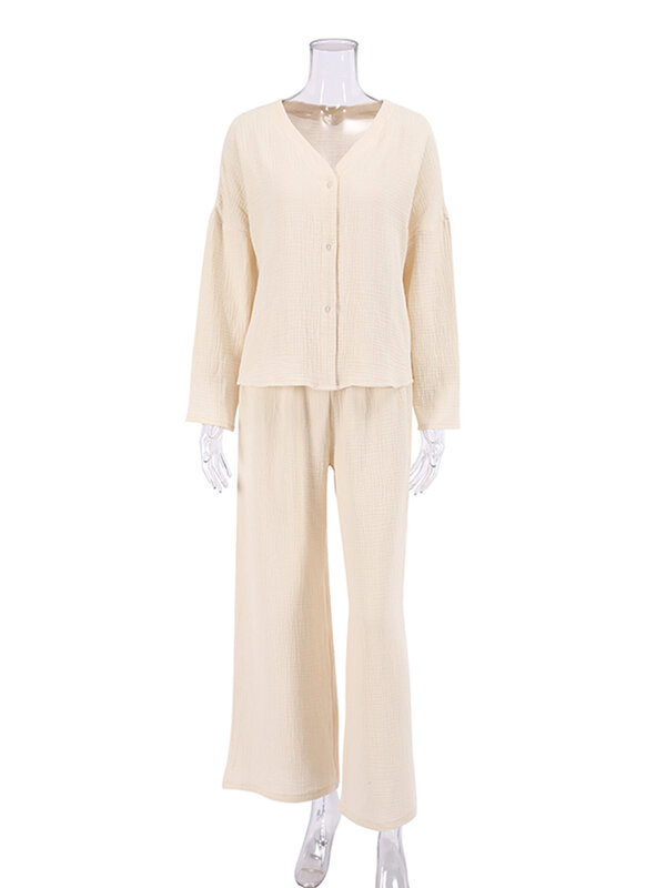 Hiloc V넥 여성 잠옷 세트, 단색 싱글 브레스트 홈 수트, 와이드 레그 팬츠, 봄 100% 코튼