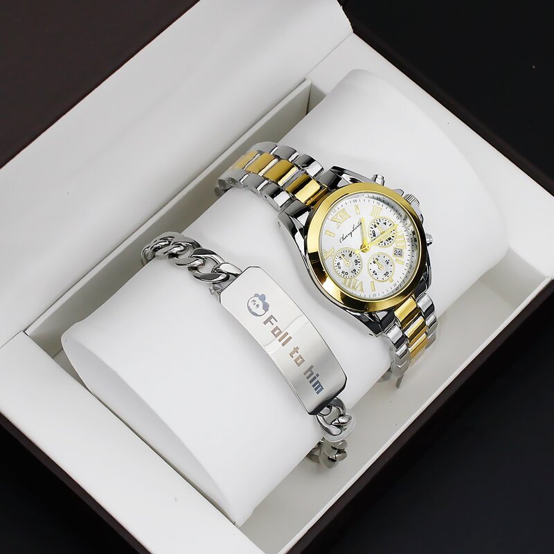 4 Stück Paar Uhr Set Männer Quarz Stahl Uhr für Liebhaber Luxus Damen Armbanduhr Relogio Feminino mit Armband Nesklace Geschenke