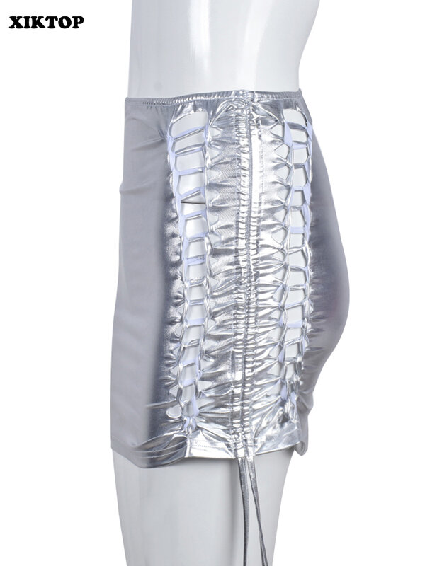 Xiktop Lace-Up Hip Rokken Vrouwen Sexy Hollow Out Skinny Streetwear Y2K All-Matching Party Rok Slim Bodems elegante Vestido