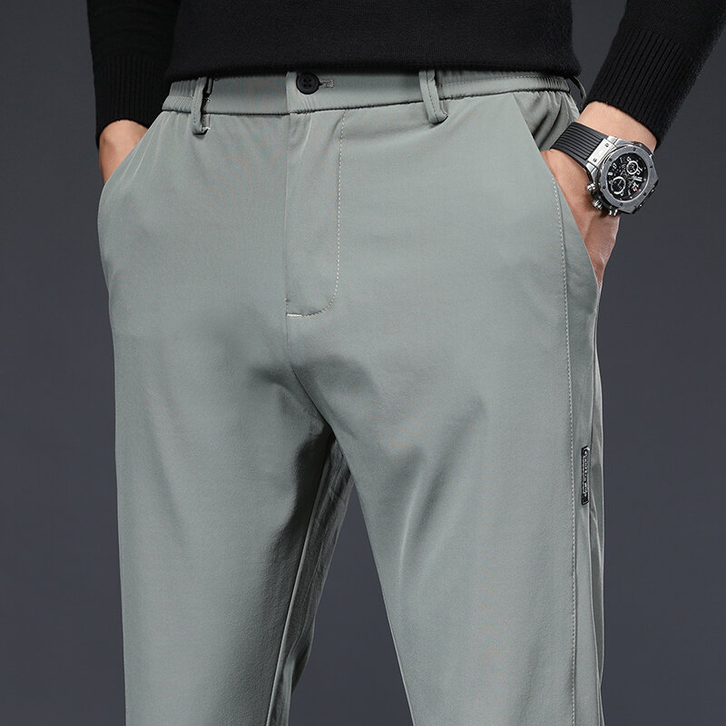Celana panjang kasual tipis elastis untuk pria, celana panjang bisnis ramping klasik warna hitam abu-abu hijau 2024, celana modis kasual tipis elastis untuk pria
