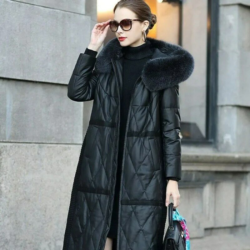 2023 Haining Winter New Leather Sheepskin Mid-length Female Fox Fur Hooded Leather Down Slim High-end Fashion Comfortable Coat